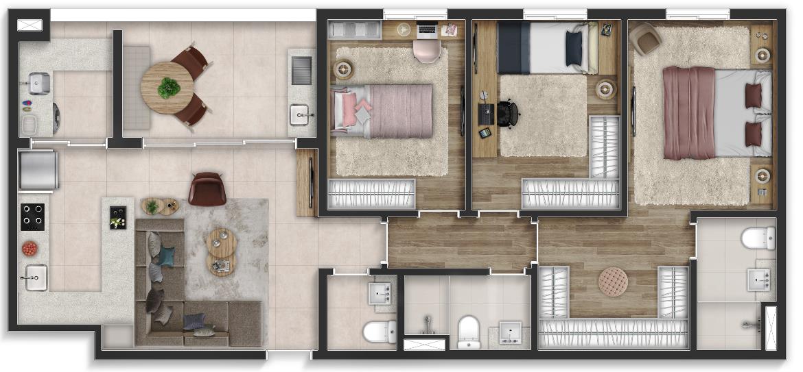 96 m² 3 dorms. (1 suíte)